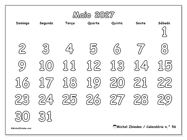 Calendário de maio de 2027 para imprimir - Colorir útil - Semana: de domingo a sábado