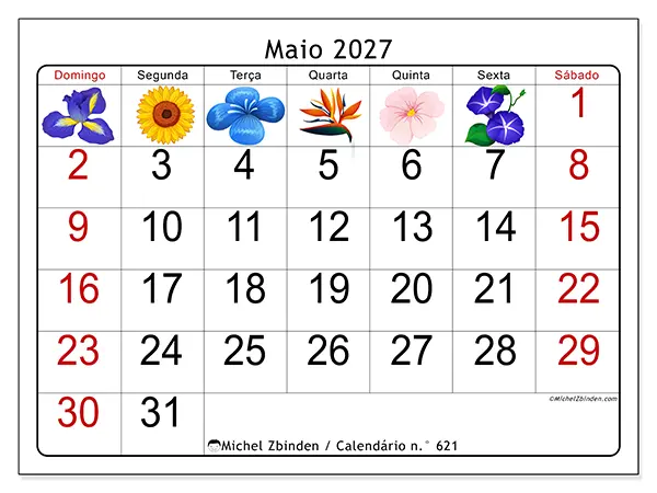 Calendário de maio de 2027 para imprimir - Flores grandes - Semana: de domingo a sábado