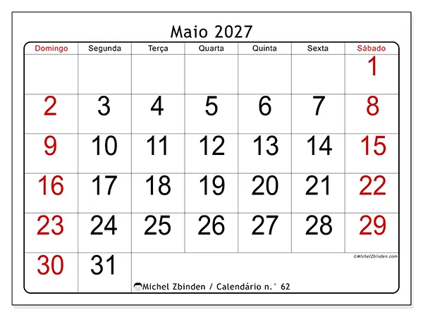 Calendário de maio de 2027 para imprimir - Leitura rápida - Semana: de domingo a sábado