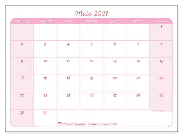 Calendário de maio de 2027 para imprimir - Organização suave - Semana: de domingo a sábado