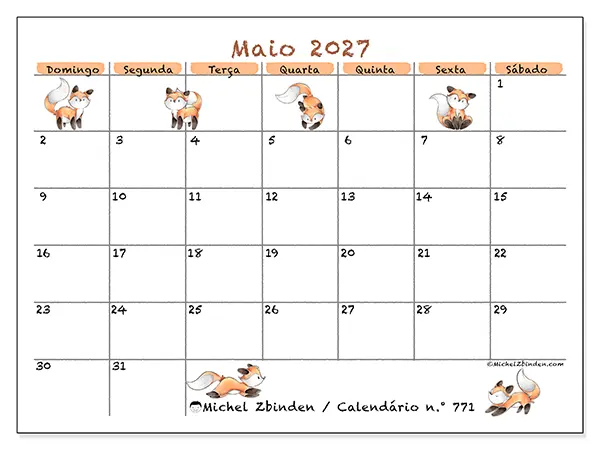Calendário de maio de 2027 para imprimir - Desenhos de raposas - Semana: de domingo a sábado