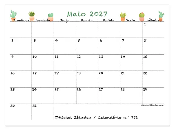 Calendário de maio de 2027 para imprimir - Cactos decorativos - Semana: de domingo a sábado