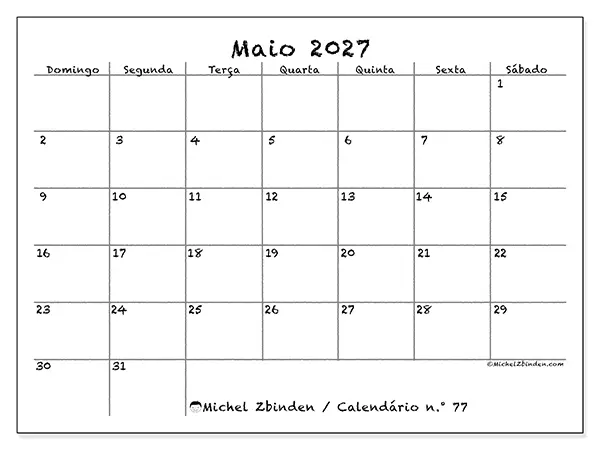 Calendário de maio de 2027 para imprimir - Escola e família - Semana: de domingo a sábado