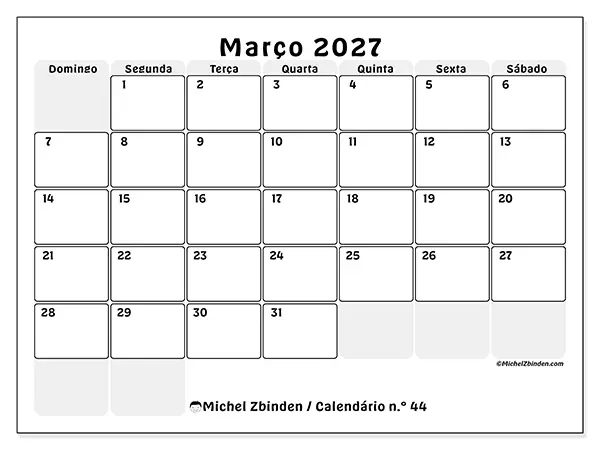 Calendário de março de 2027 para imprimir - Planeamento estruturado - Semana: de domingo a sábado