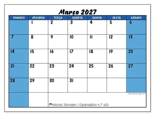 Calendário de março de 2027 para imprimir - Organização dinâmica - Semana: de domingo a sábado