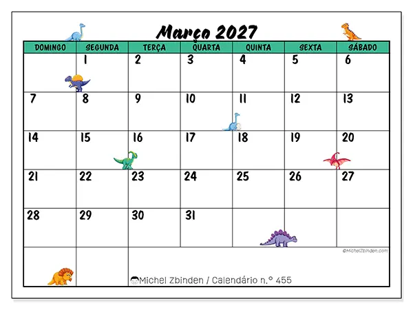 Calendário de março de 2027 para imprimir - Pequenos dinossauros - Semana: de domingo a sábado
