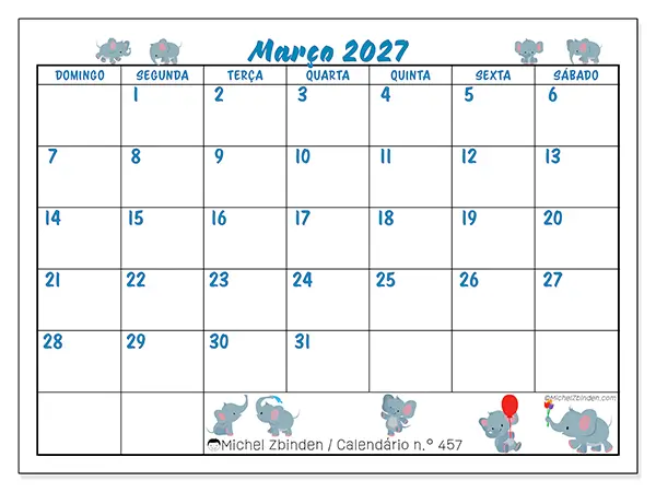 Calendário de março de 2027 para imprimir - Pequenos elefantes - Semana: de domingo a sábado