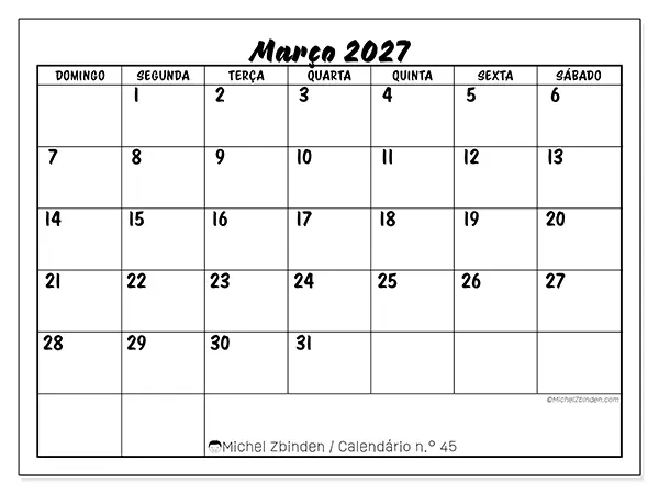 Calendário de março de 2027 para imprimir - Sucesso escolar - Semana: de domingo a sábado