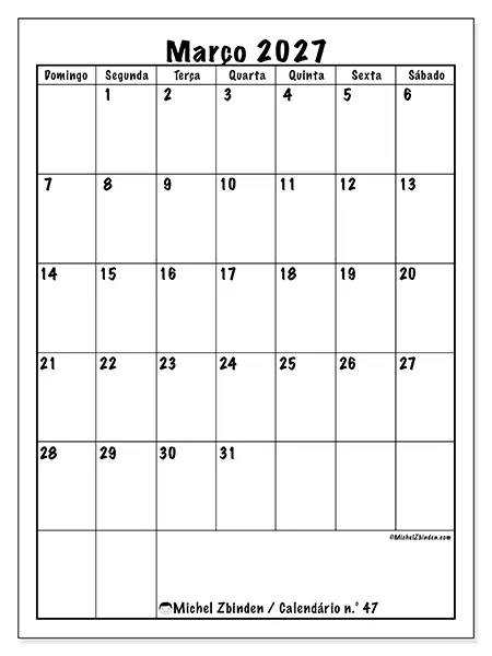 Calendário de março de 2027 para imprimir - Planeamento eficiente - Semana: de domingo a sábado