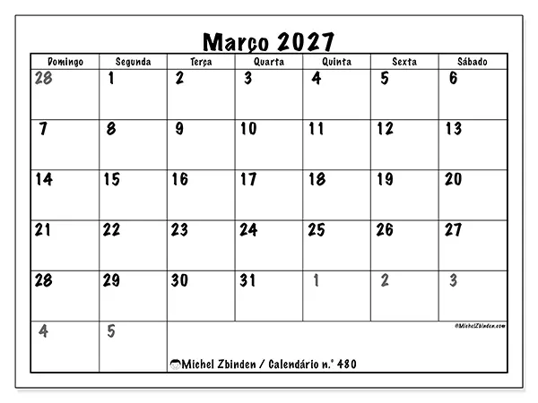 Calendário de março de 2027 para imprimir - Planeamento completo - Semana: de domingo a sábado