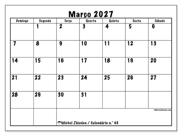 Calendário de março de 2027 para imprimir - Eficiência diária - Semana: de domingo a sábado