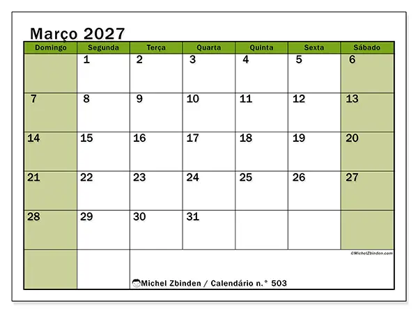 Calendário de março de 2027 para imprimir - Organização viva - Semana: de domingo a sábado