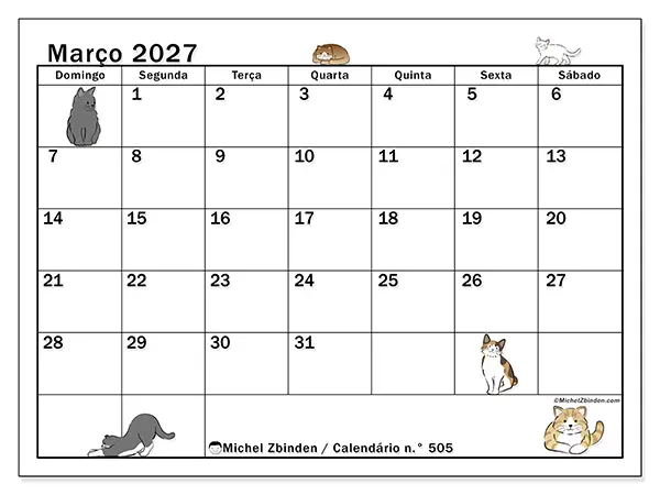 Calendário de março de 2027 para imprimir - Vida de gato - Semana: de domingo a sábado
