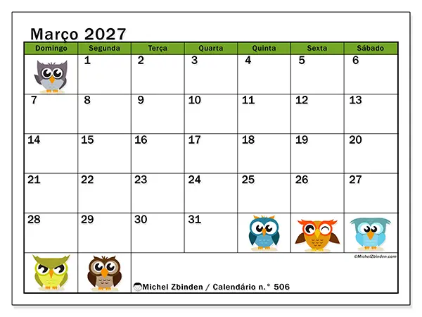 Calendário de março de 2027 para imprimir - Corujas divertidas - Semana: de domingo a sábado