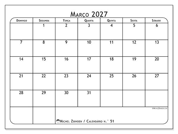 Calendário de março de 2027 para imprimir - Planeador de refeições - Semana: de domingo a sábado