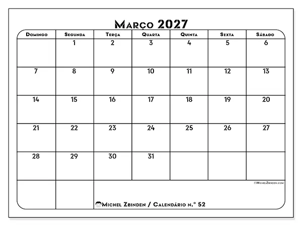 Calendário de março de 2027 para imprimir - Organização profissional - Semana: de domingo a sábado