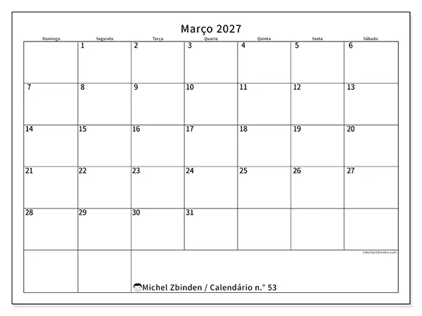 Calendário de março de 2027 para imprimir - Horário eficiente - Semana: de domingo a sábado