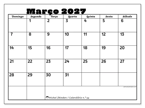 Calendário de março de 2027 para imprimir - Atividades em família - Semana: de domingo a sábado