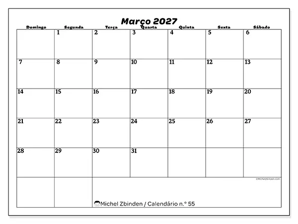 Calendário de março de 2027 para imprimir - Organização do lazer - Semana: de domingo a sábado