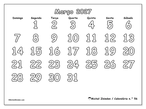 Calendário de março de 2027 para imprimir - Colorir útil - Semana: de domingo a sábado