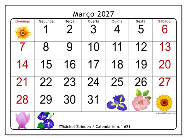 Calendário de março de 2027 para imprimir - Flores grandes - Semana: de domingo a sábado
