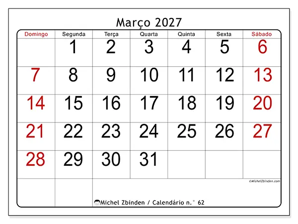 Calendário de março de 2027 para imprimir - Leitura rápida - Semana: de domingo a sábado