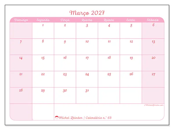 Calendário de março de 2027 para imprimir - Organização suave - Semana: de domingo a sábado