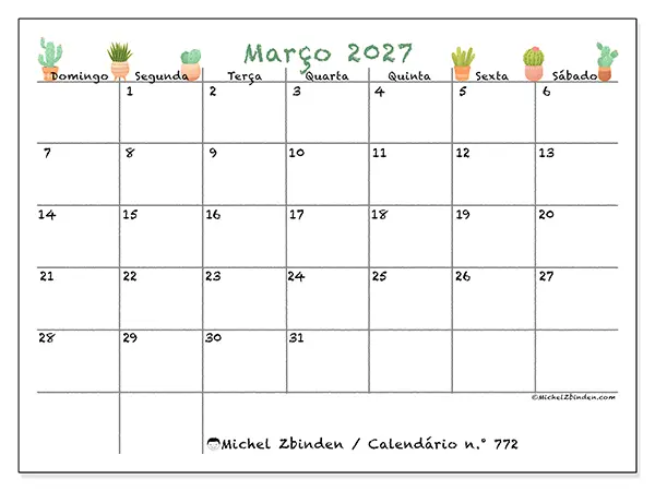 Calendário de março de 2027 para imprimir - Cactos decorativos - Semana: de domingo a sábado