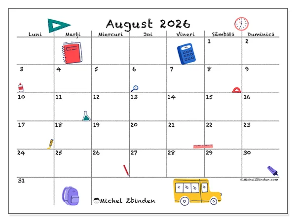 Calendar august 2026 de tipărit - Înapoi la școală