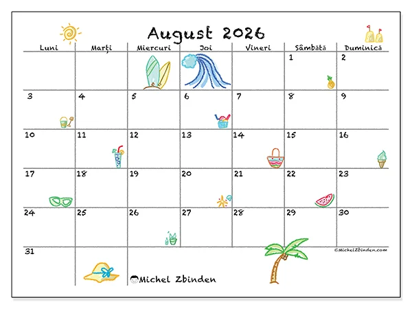 Calendar august 2026 de tipărit - Vacanță însorită
