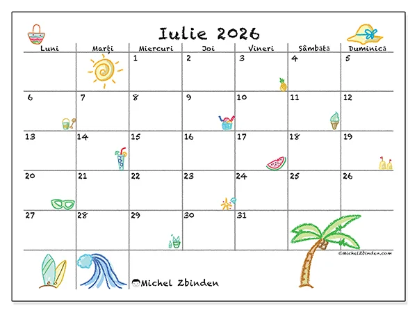 Calendar iulie 2026 de tipărit - Vacanță însorită
