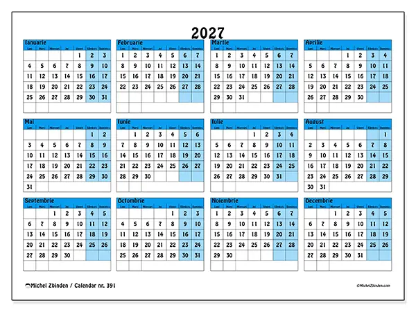 Calendar anual 2027 de tipărit - Tonuri albastre