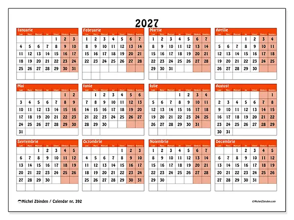 Calendar anual 2027 de tipărit - Planificare colorată
