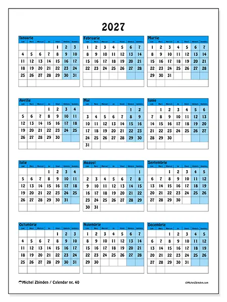 Calendar anual 2027 de tipărit - Vedere colorată