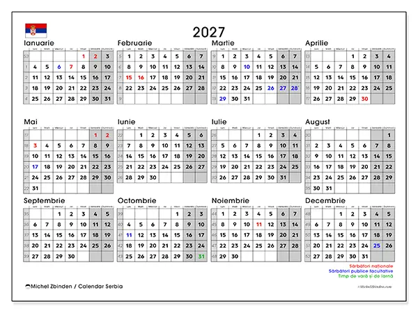 Calendar anual 2027 de tipărit - Serbia