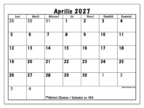Calendar aprilie 2027 de tipărit - Planificare completă