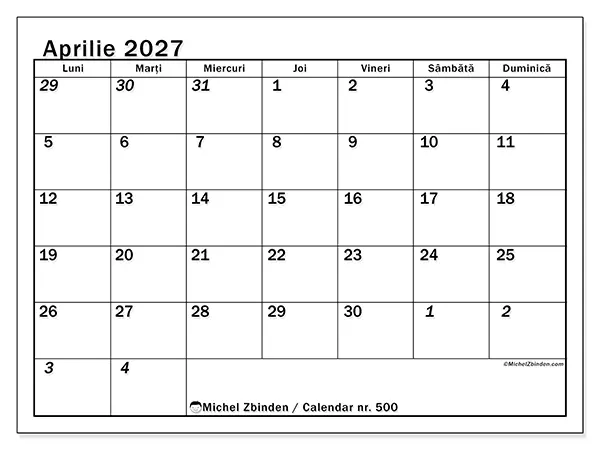Calendar aprilie 2027 de tipărit - Planificare intensivă
