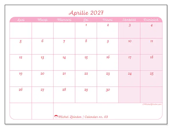 Calendar aprilie 2027 de tipărit - Aspect calm