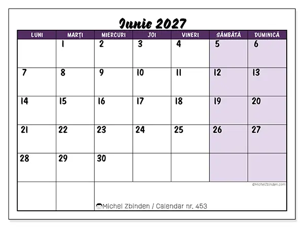 Calendar iunie 2027 de tipărit - Sarcini colorate