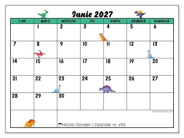 Calendar iunie 2027 de tipărit - Dinozauri mici