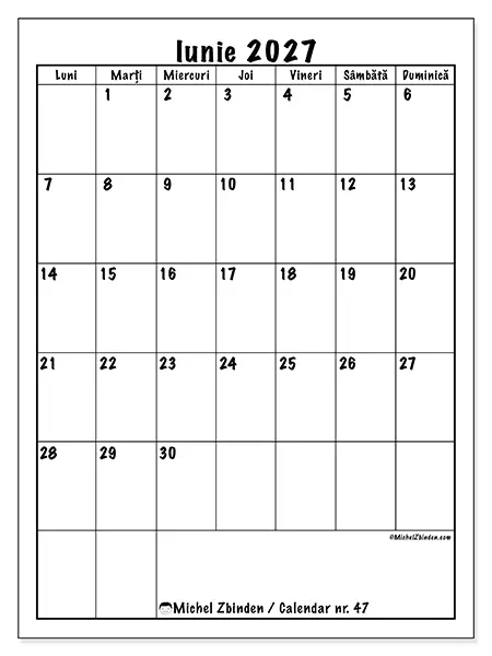 Calendar iunie 2027 de tipărit - Planificare clară