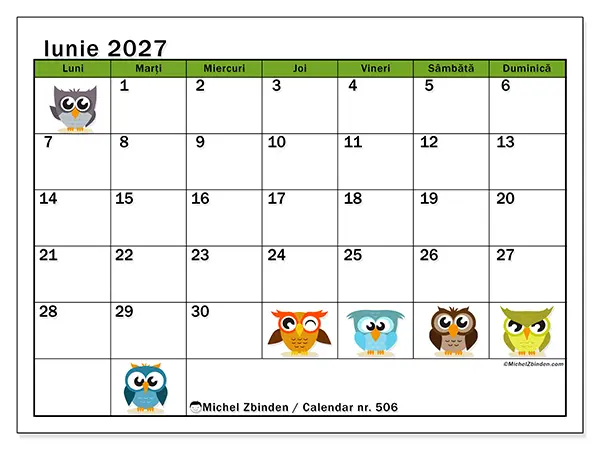 Calendar iunie 2027 de tipărit - Bufnițe amuzante