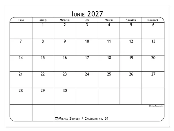Calendar iunie 2027 de tipărit - Planificator de mese