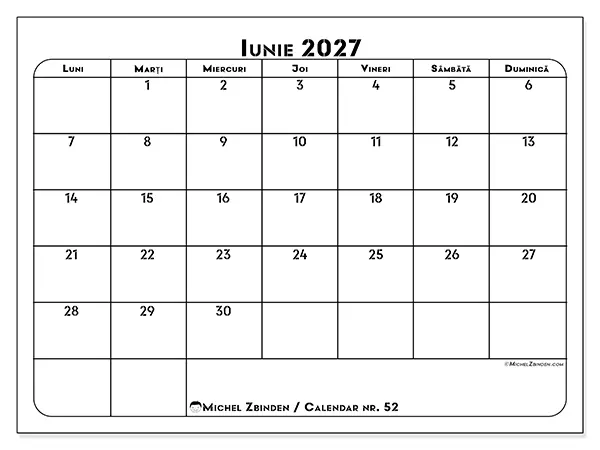 Calendar iunie 2027 de tipărit - Plan de lucru