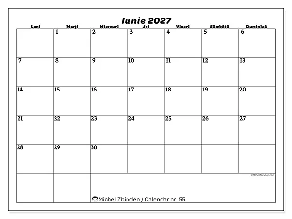 Calendar iunie 2027 de tipărit - Timp liber