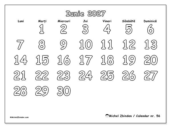 Calendar iunie 2027 de tipărit - Colorat util