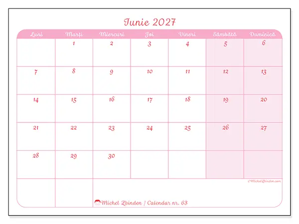 Calendar iunie 2027 de tipărit - Aspect calm