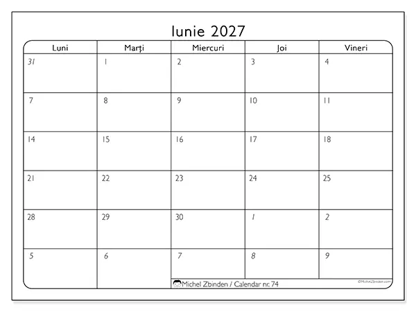 Calendar iunie 2027 de tipărit - Zile lucrătoare