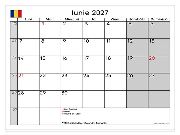 Calendar iunie 2027 de tipărit - România