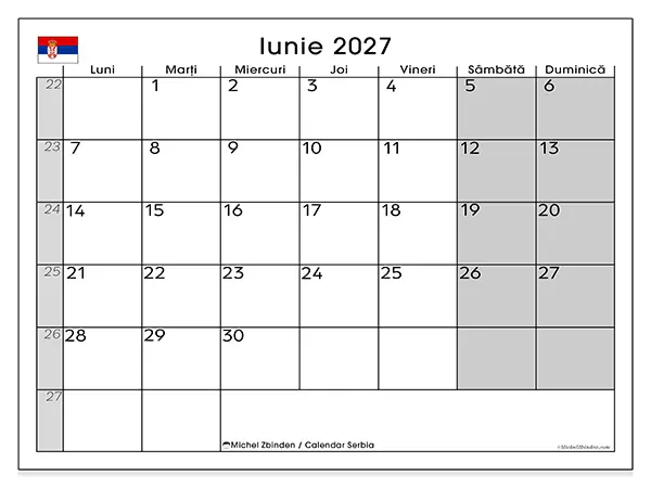 Calendar iunie 2027 de tipărit - Serbia